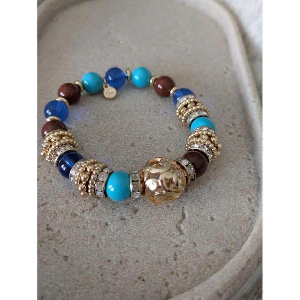 Graziano Stretch Bracelet In Gold Tone & Turquoise Colors Filagree Ball Chunky